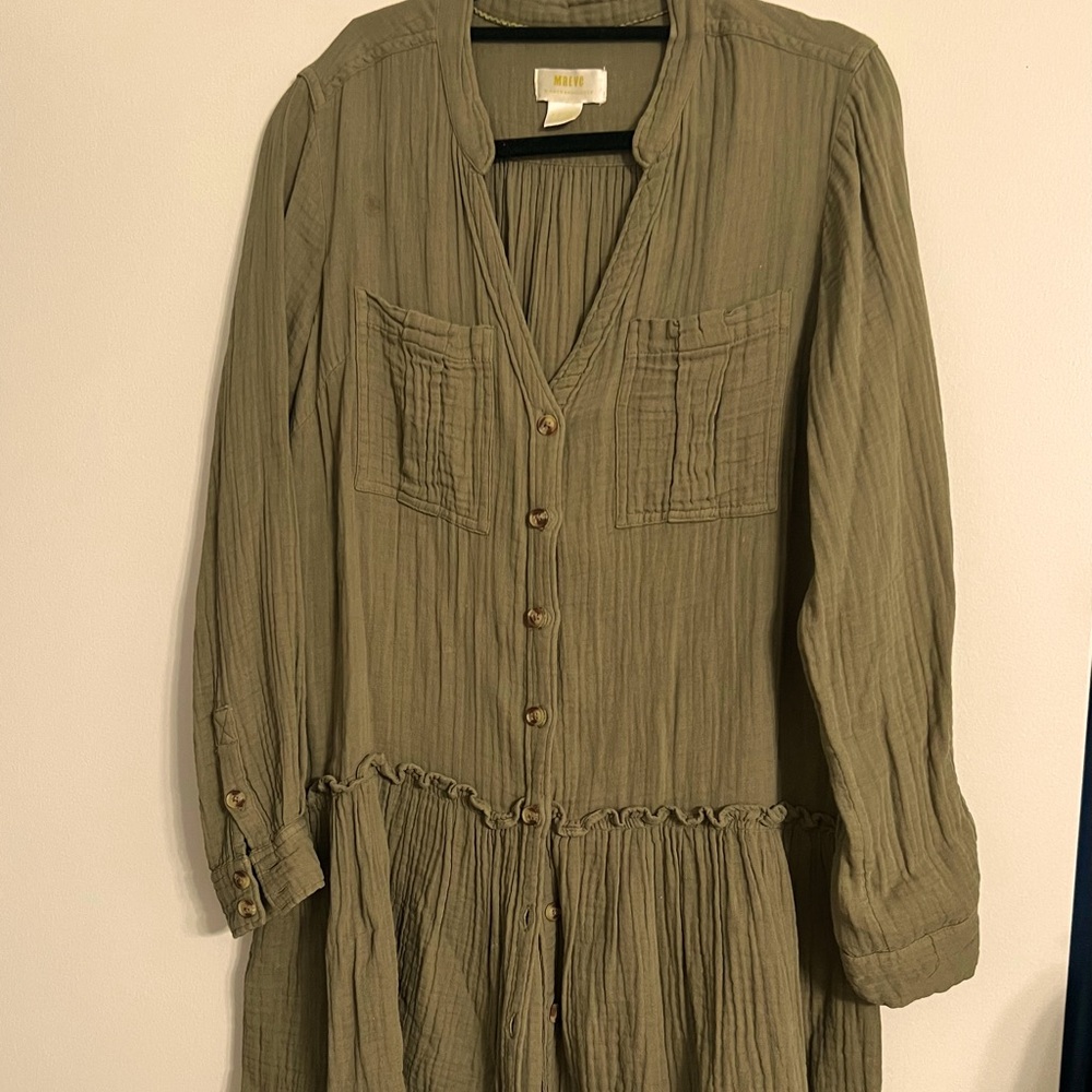 EUC Anthropologie Maeve Katie Utility Tunic Mini Dress Olive Green Ruffle Sz SP